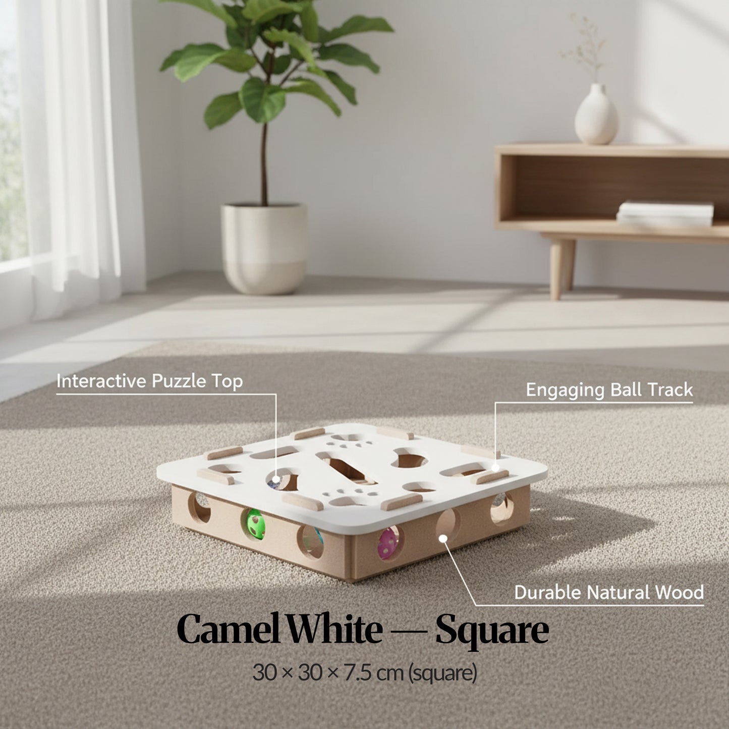 Variant ID — Camel White (Square): Camel white square wooden cat track toy with labelled features (puzzle top, ball track, natural wood); 30×30×7.5 cm.