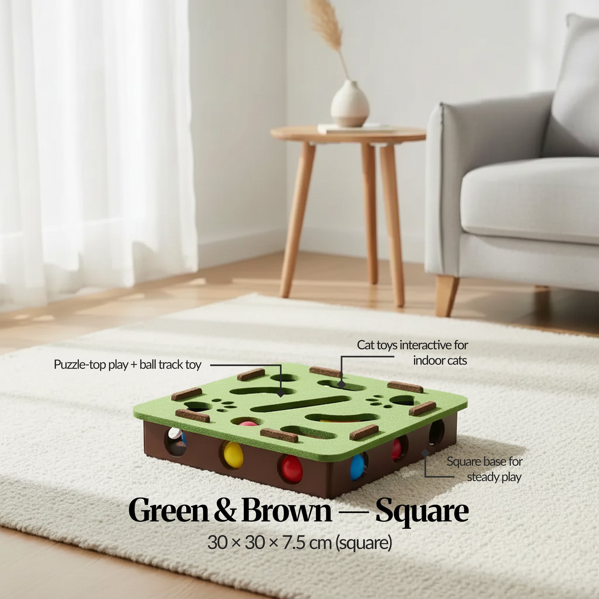 Variant ID — Green & Brown (Square): Green-and-brown square cat track toy on rug with callouts for steady base and ball track; 30×30×7.5 cm.