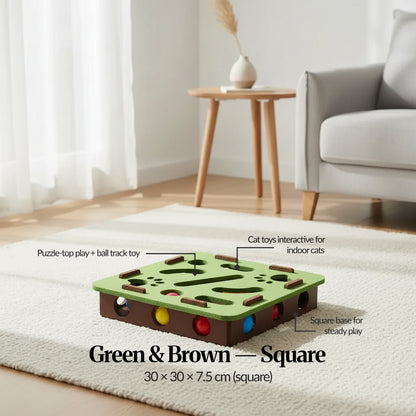 Variant ID — Green & Brown (Square): Green-and-brown square cat track toy on rug with callouts for steady base and ball track; 30×30×7.5 cm.
