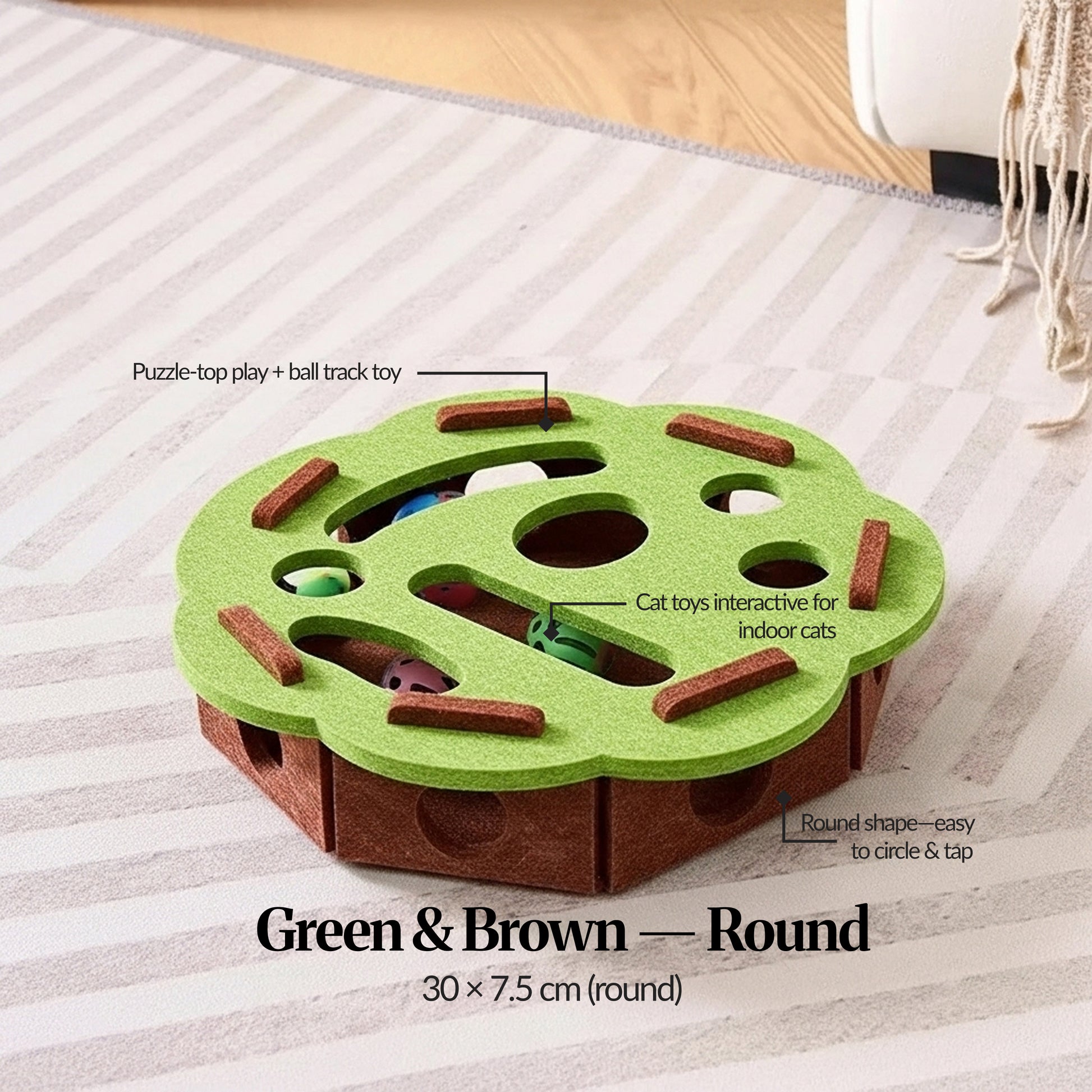 Variant ID — Green & Brown (Round): Green-and-brown round cat track toy on rug with callouts for puzzle-top play; size 30×7.5 cm.