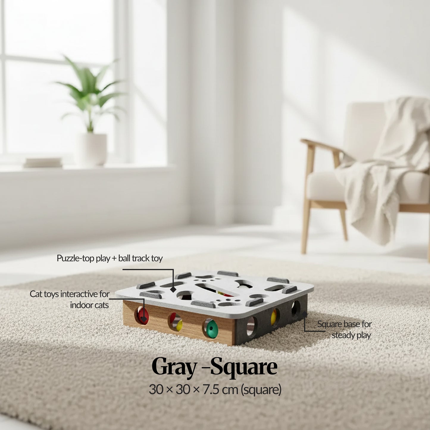 Variant ID — Gray (Square): Gray square cat track toy on rug, showing puzzle-top openings and rolling balls; size 30×30×7.5 cm.