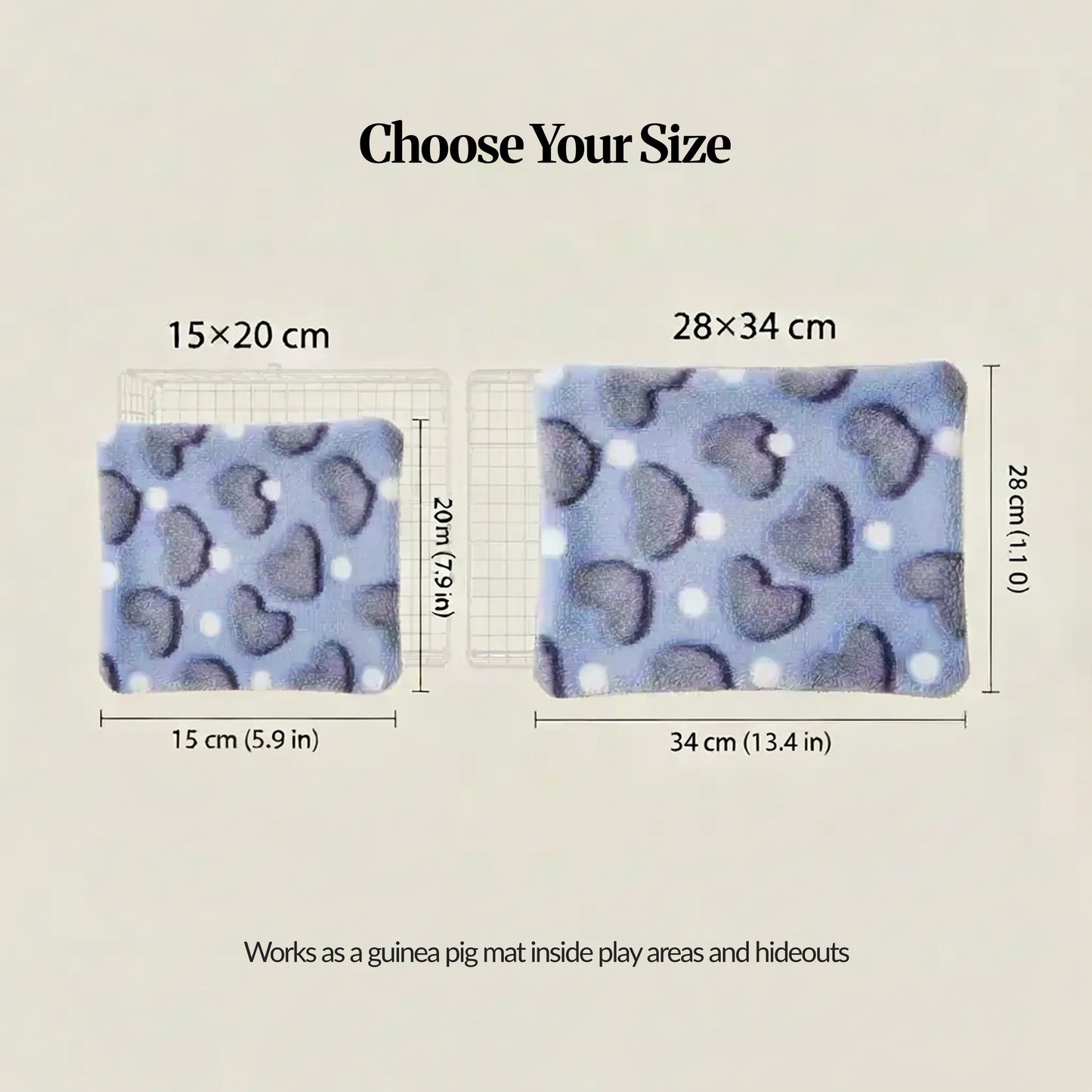 Size guide comparing 15×20cm vs 28×34cm mats, with measurements shown and note about fitting inside play areas and hideouts.