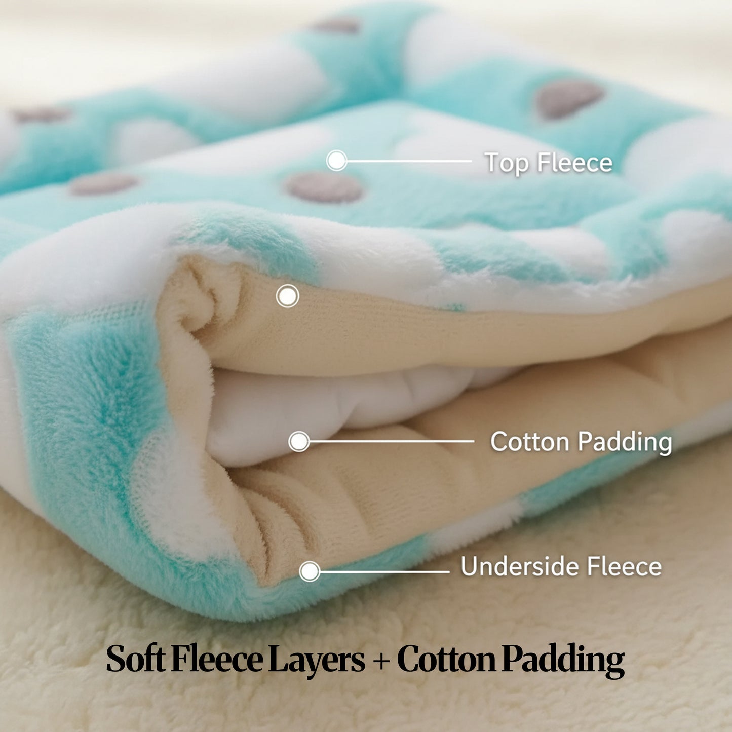 Close-up cross-section of the mat showing layers: top fleece, cotton padding, and underside fleece.