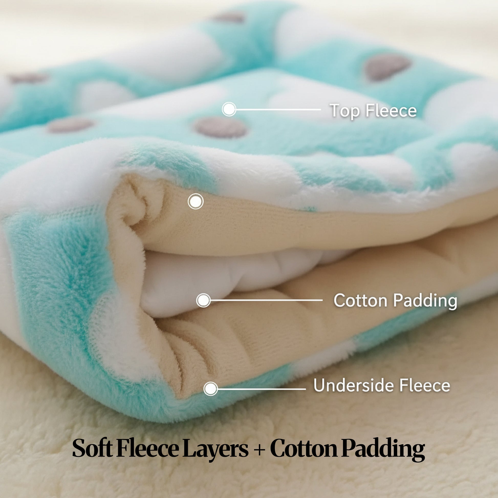 Close-up cross-section of the mat showing layers: top fleece, cotton padding, and underside fleece.