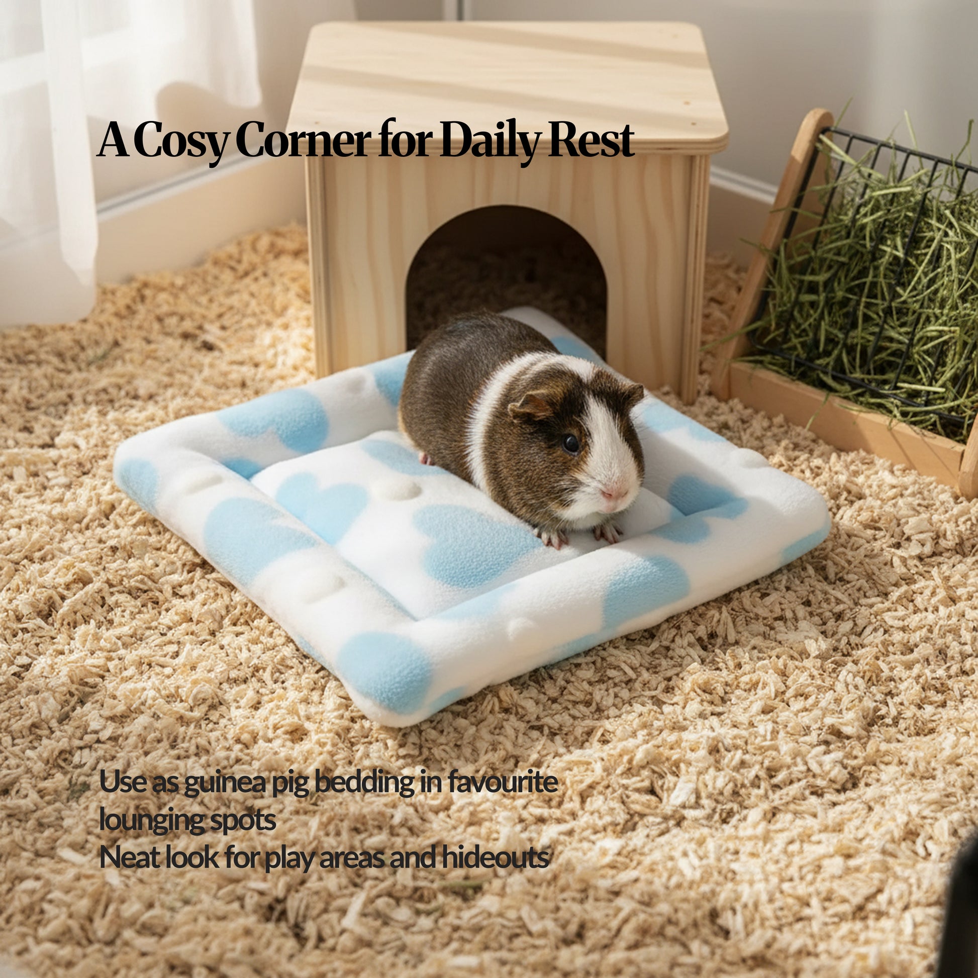 Guinea pig resting on a blue fleece bed mat inside a cage corner with a wooden hideout and hay rack; text reads “A Cosy Corner for Daily Rest.”
