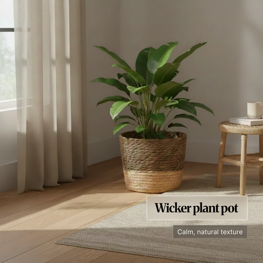 Lifestyle room scene: large green houseplant in a wicker/seagrass-style plant pot by a window with sheer curtains; on-image text “Wicker plant pot” and “Calm, natural texture.”