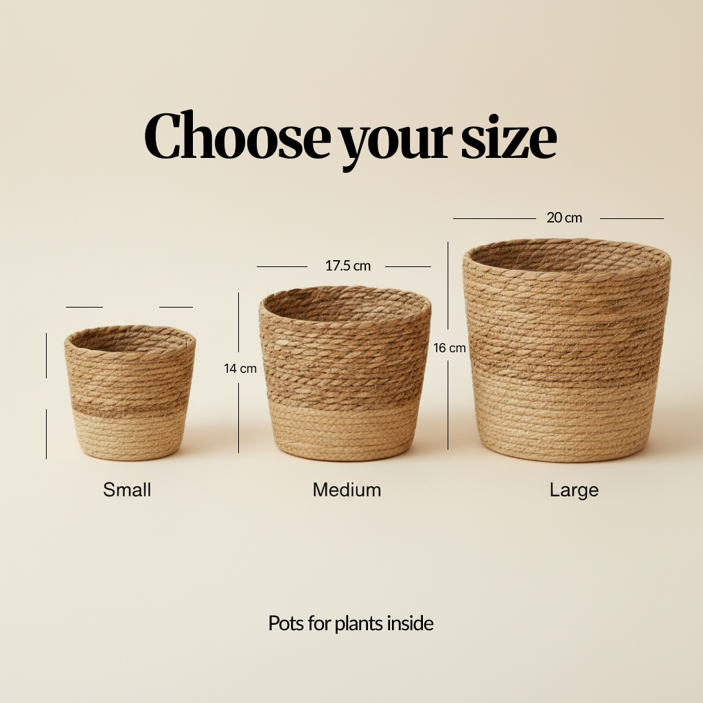 Size guide showing three seagrass baskets: Small, Medium (17.5 cm wide x 14 cm high) and Large (20 cm wide x 16 cm high); on-image text “Choose your size” and “Pots for plants inside.”