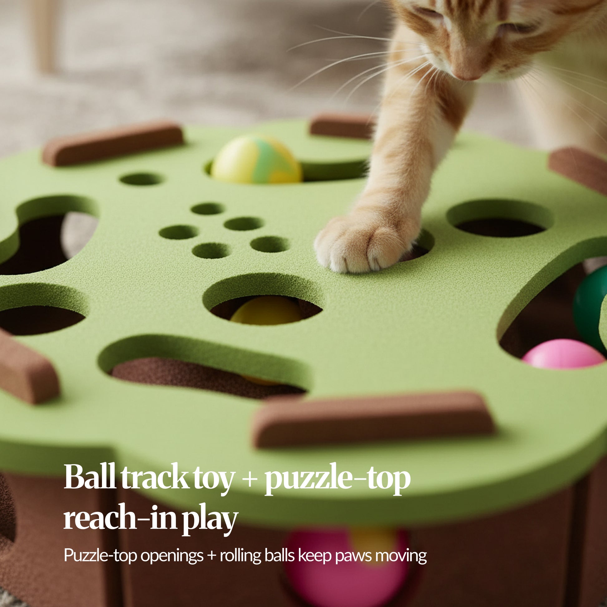 Feature close-up: Cat paw reaching into green puzzle-top openings; rolling balls visible inside the track.