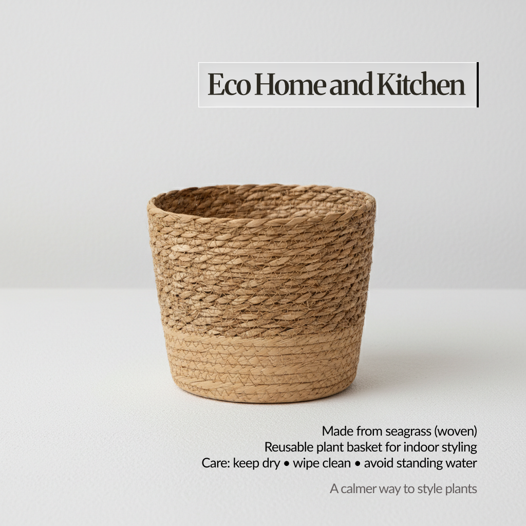 Woven seagrass plant basket on white background with on-image text “Eco Home and Kitchen”; notes: made from woven seagrass, reusable indoor plant basket, care: keep dry, wipe clean, avoid standing water.