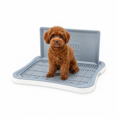 White potty tray product hero on a white background with a small brown dog sitting on the raised grid and splash-guard wall behind.