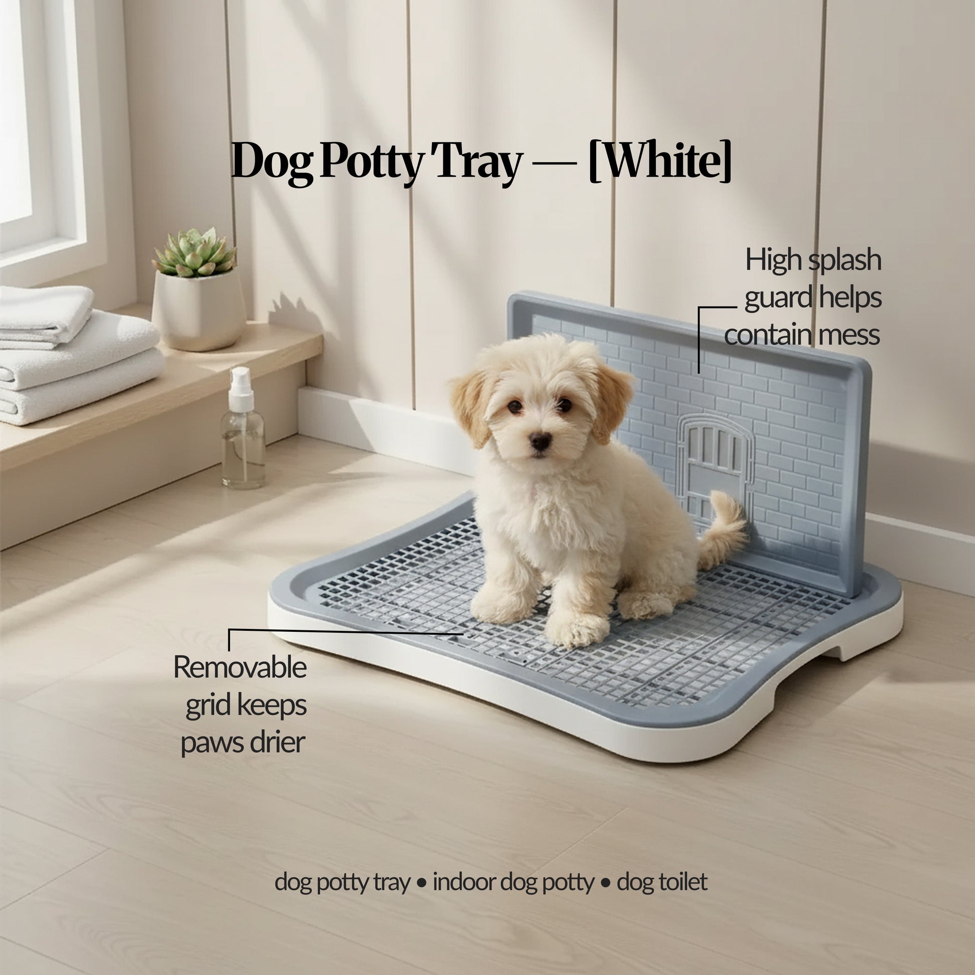 White indoor dog potty tray with splash guard and removable grid, shown in a bright room with a small white puppy sitting on the tray.