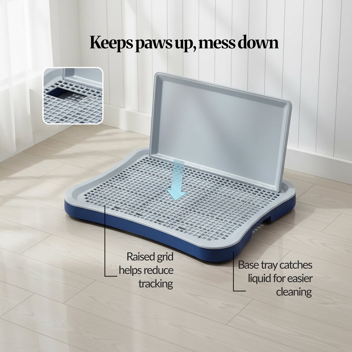 Exploded feature view of the potty tray showing raised grid to reduce tracking and a base tray that catches liquid for easier cleaning.