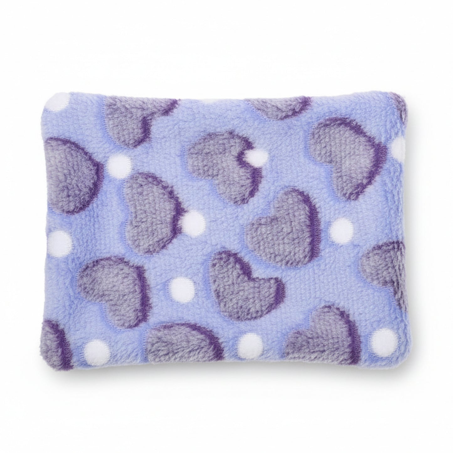 Grey guinea pig fleece bed mat with white heart pattern and orange dots, product-only on a white background (alternate view).