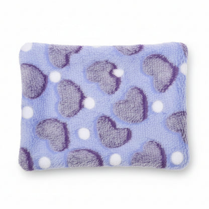 Grey guinea pig fleece bed mat with white heart pattern and orange dots, product-only on a white background (alternate view).