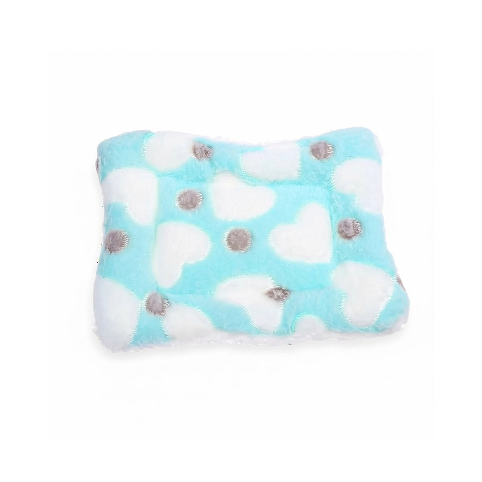 Teal guinea pig fleece bed mat with white heart pattern and grey dots, product-only on a white background (smaller centred view).
