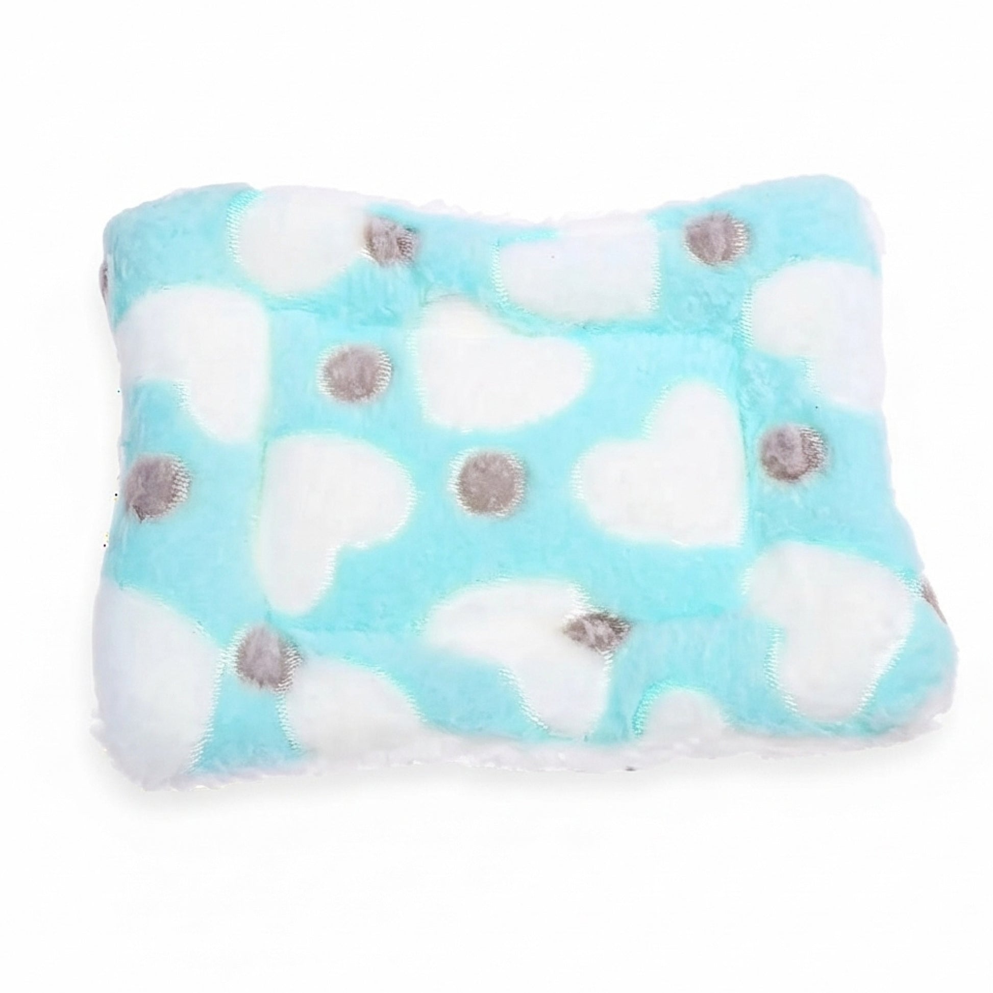 Teal guinea pig fleece bed mat with white heart pattern and grey dots, product-only on a white background (top view).