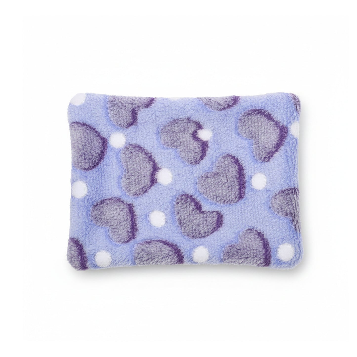 Purple guinea pig fleece bed mat with heart pattern and white dots, product-only on a white background.