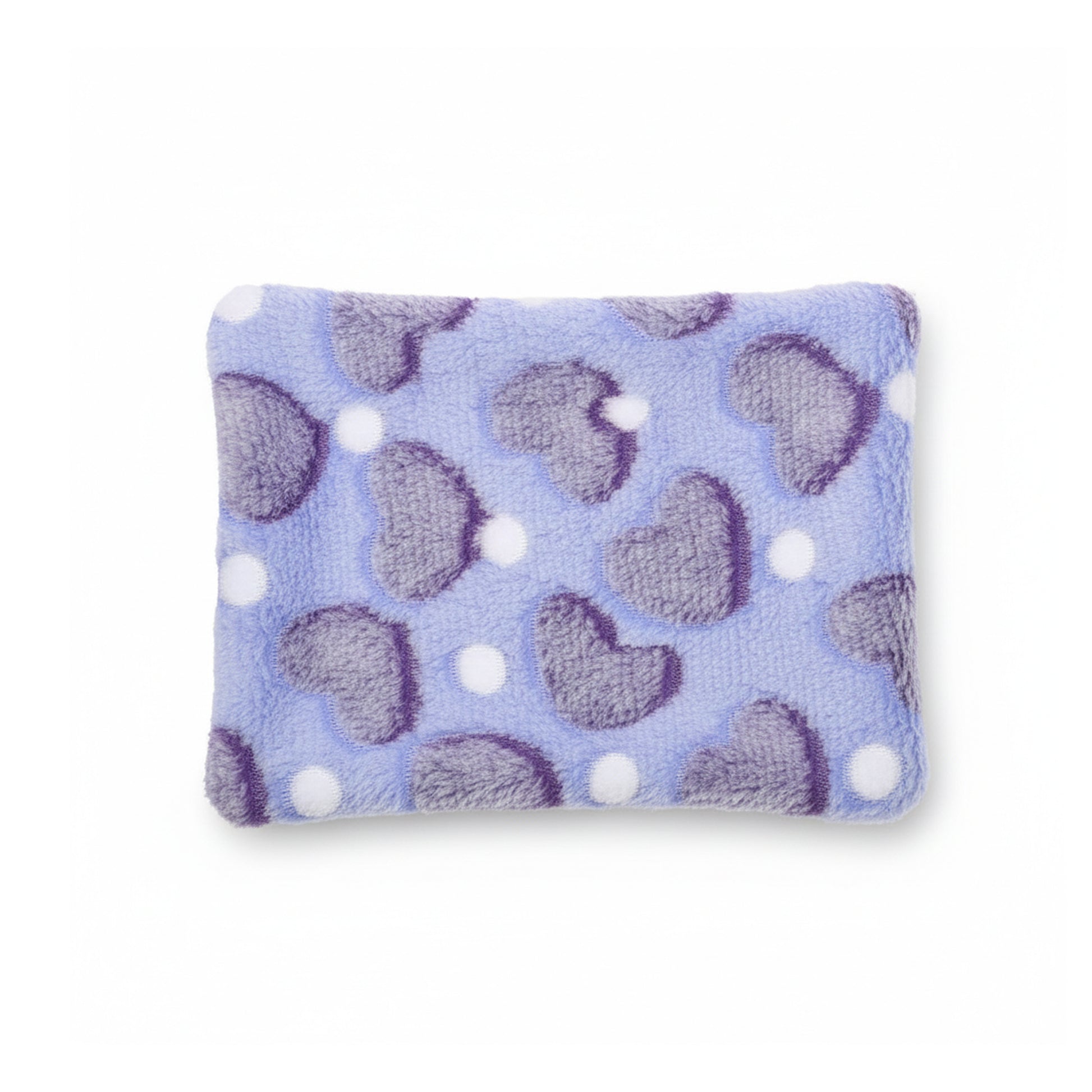 Purple guinea pig fleece bed mat with heart pattern and white dots, product-only on a white background.