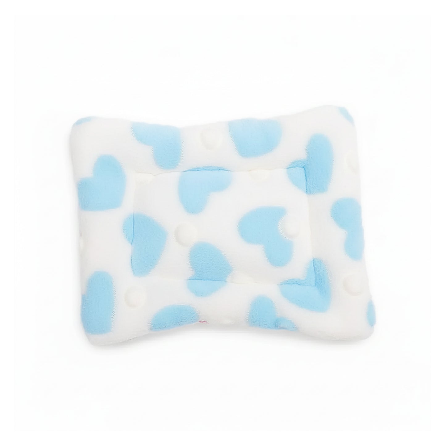 White guinea pig fleece bed mat with light-blue heart pattern, product-only on a white background (smaller centred view).