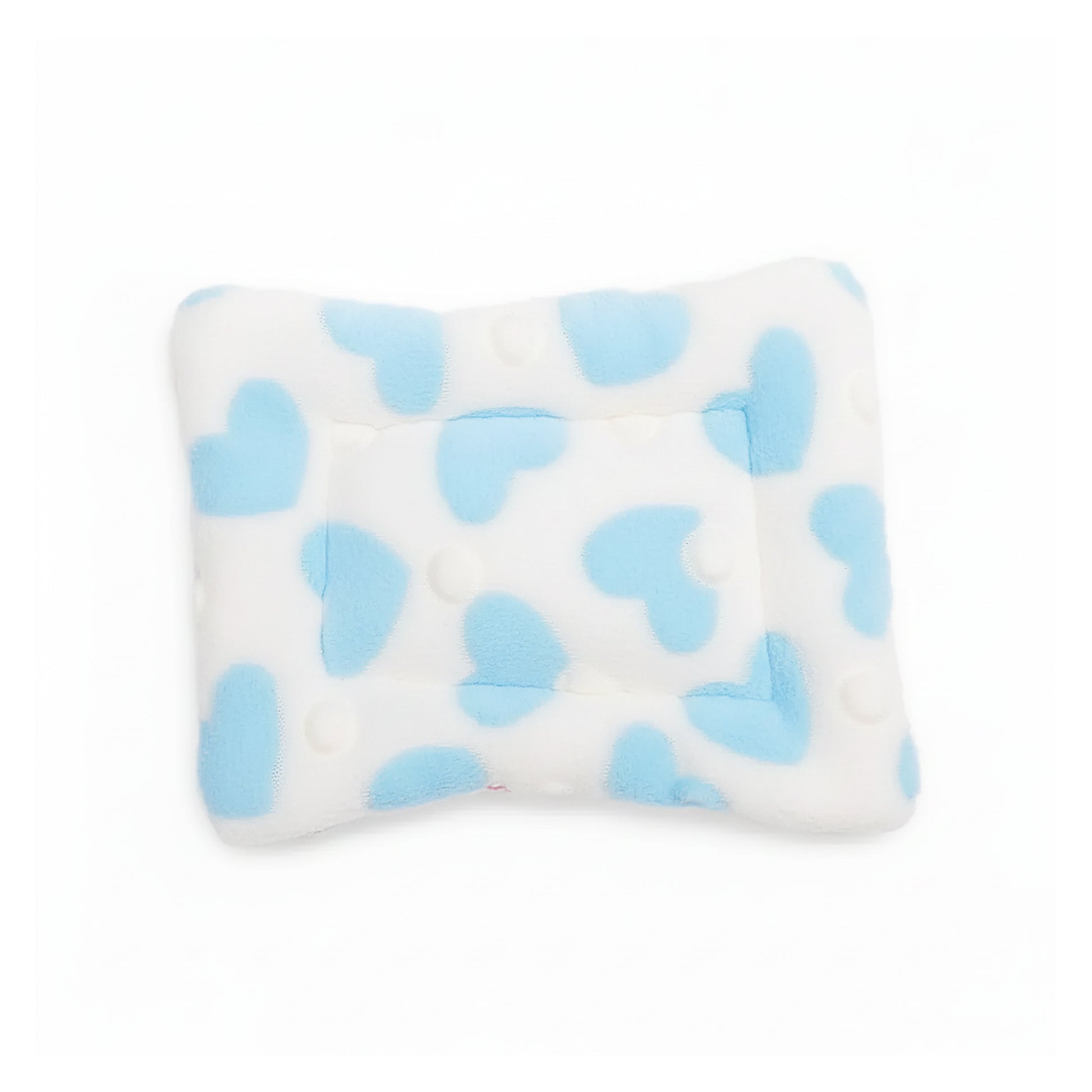 White guinea pig fleece bed mat with light-blue heart pattern, product-only on a white background (smaller centred view).