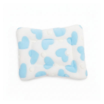 White guinea pig fleece bed mat with light-blue heart pattern, product-only on a white background (smaller centred view).