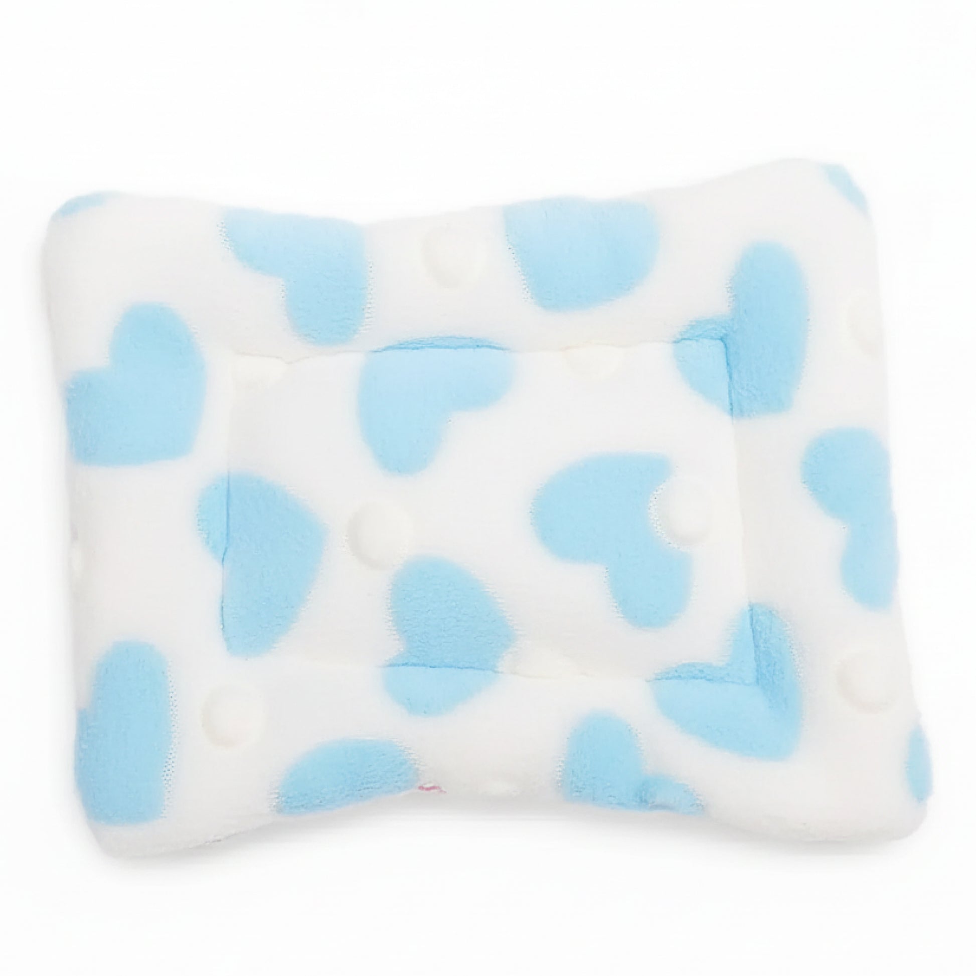 White guinea pig fleece bed mat with light-blue heart pattern, product-only on a white background (top view).