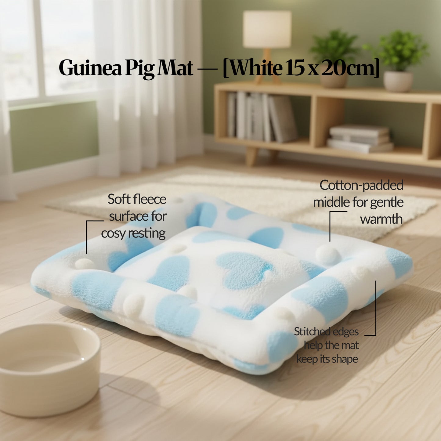 Guinea pig bed mat (White, 15×20cm) on a living-room floor, showing soft fleece surface, cotton-padded middle and stitched edges.