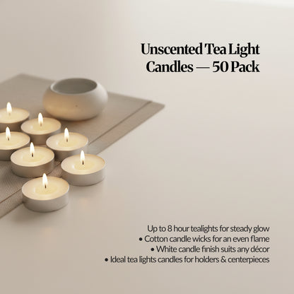 Unscented tea lights 50-pack styled on a table with several lit candles; text notes up to 8-hour steady glow and cotton wicks.