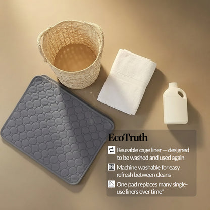 EcoTruth flat lay: Grey quilted guinea pig cage liner beside a woven basket, folded towels and a bottle, with text highlighting it as reusable and machine-washable.