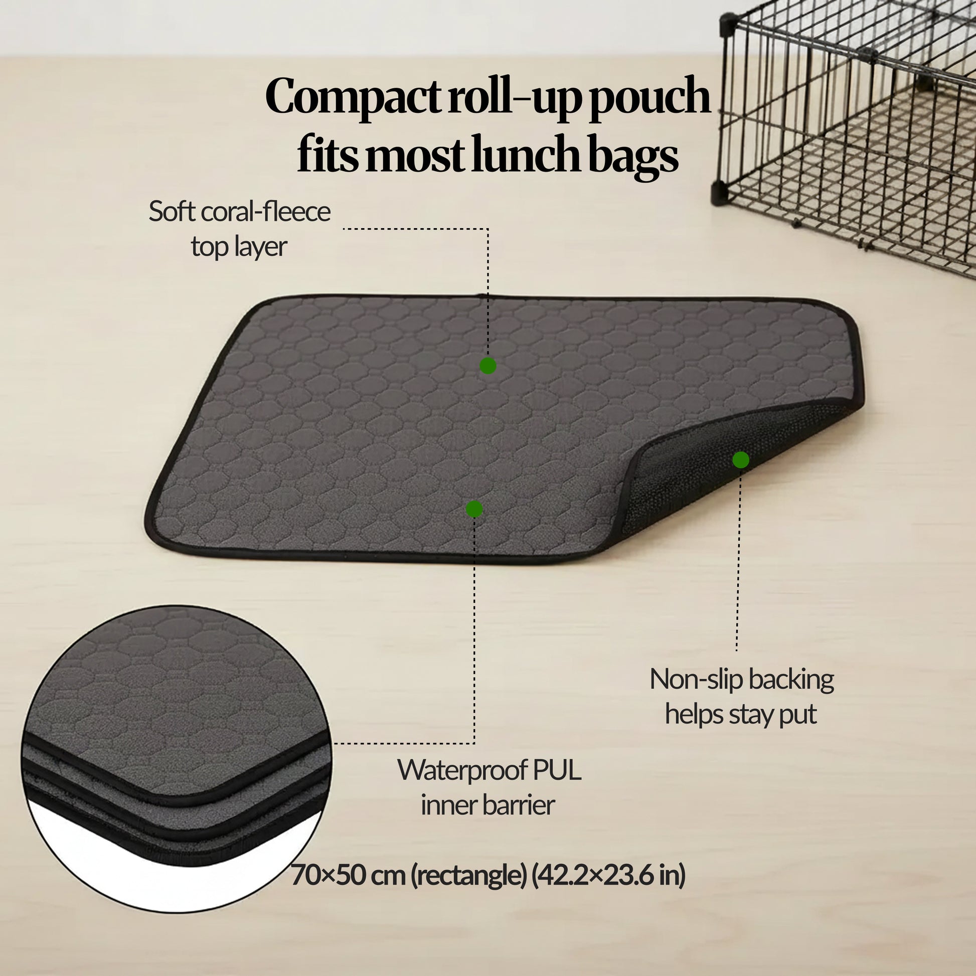 Roll-up feature (70×50 cm): Grey quilted cage liner partially rolled to show non-slip backing, labelled “compact roll-up pouch fits most lunch bags,” size 70×50 cm.