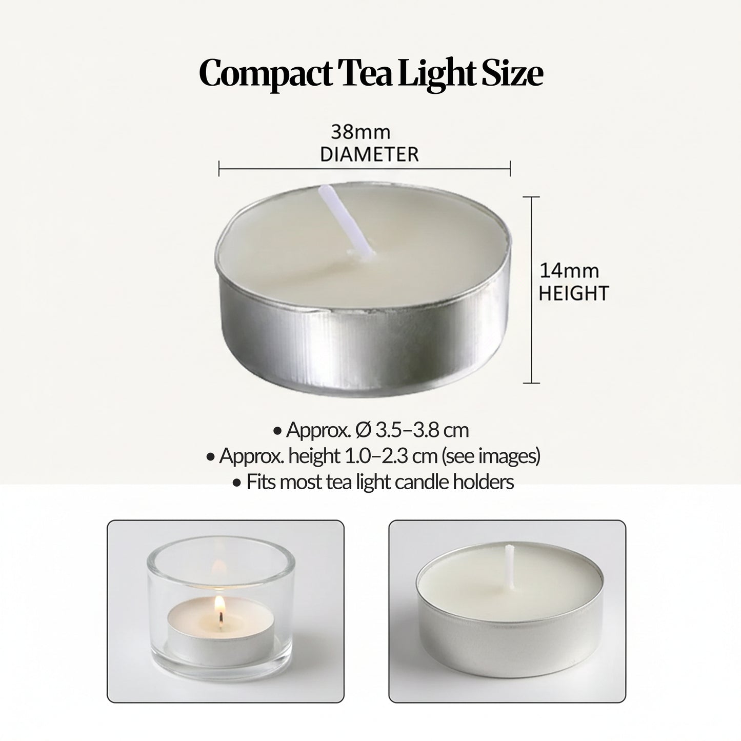 Tea light size guide showing approx. 38 mm diameter and 14 mm height, with example photos in a holder and single cup.