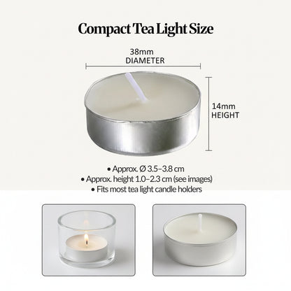 Tea light size guide showing approx. 38 mm diameter and 14 mm height, with example photos in a holder and single cup.
