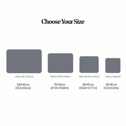 Choose your size chart: Four size options shown as rectangles/square—120×60 cm, 70×50 cm, 60×45 cm, and 30×30 cm—under the heading “Choose Your Size.”