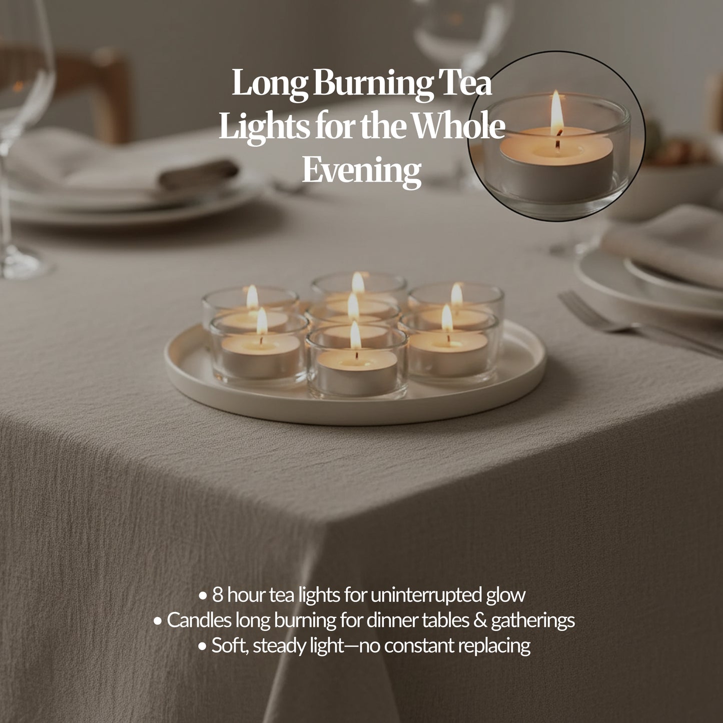 Tea lights in glass holders glowing on a tray on a dinner table; text highlights long-burning “all evening” light.