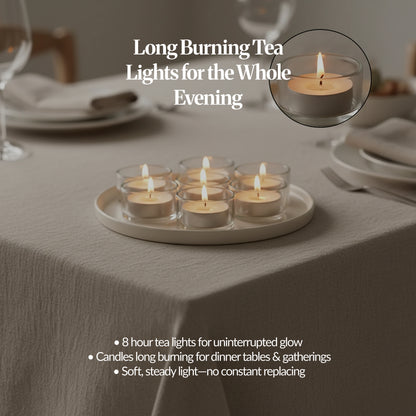 Tea lights in glass holders glowing on a tray on a dinner table; text highlights long-burning “all evening” light.