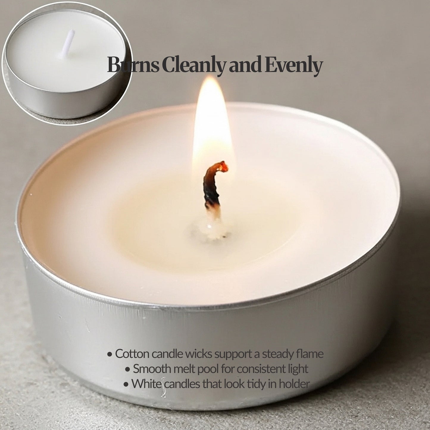 Close-up lit tea light in an aluminium cup with steady flame; inset shows an unlit tea light.