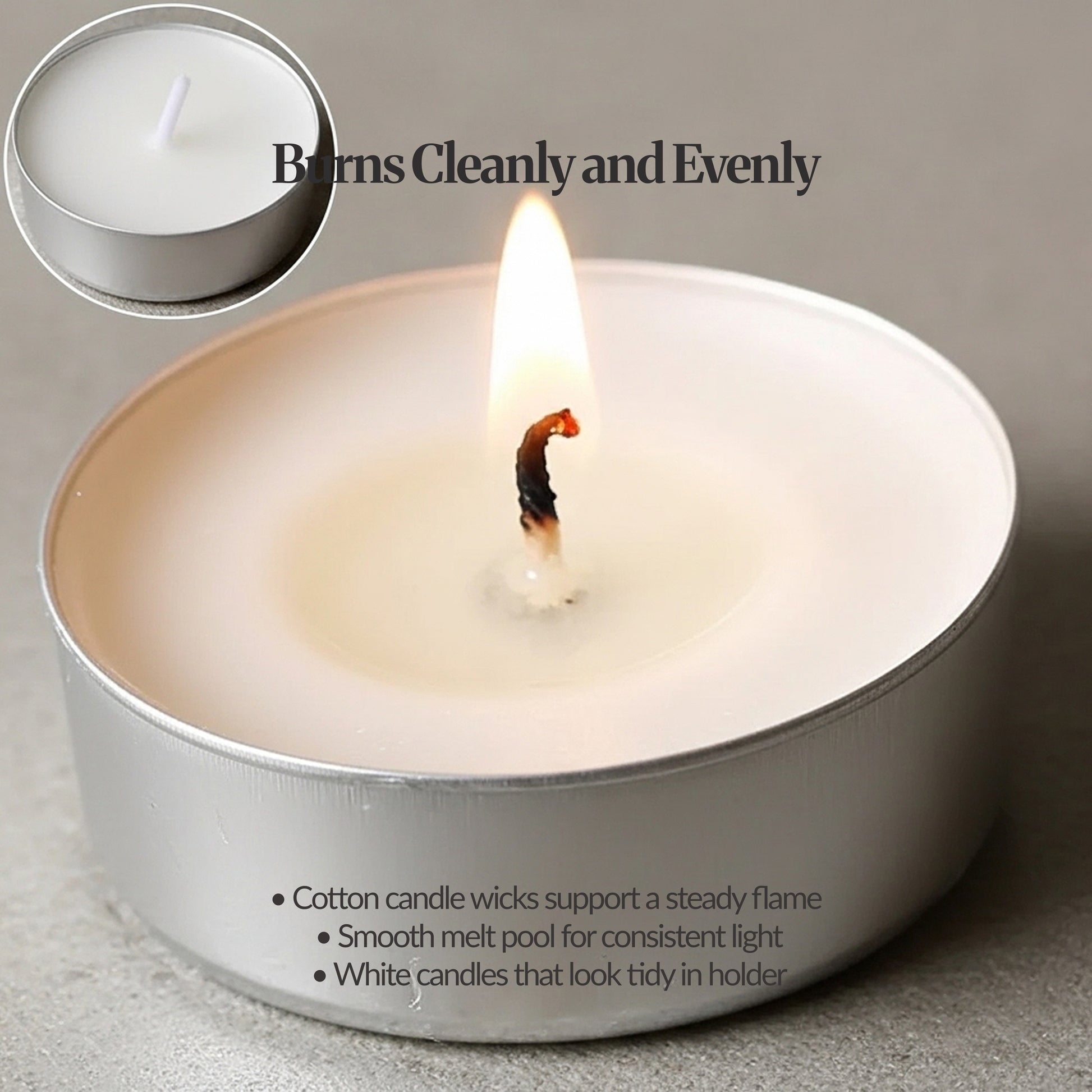 Close-up lit tea light in an aluminium cup with steady flame; inset shows an unlit tea light.