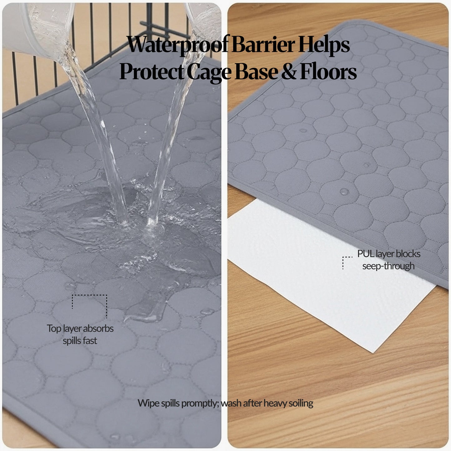 Waterproof proof (split image): Water poured onto the grey quilted liner to show fast absorption, plus a second panel showing the waterproof PUL layer blocking seep-through to protect cage base and floors.