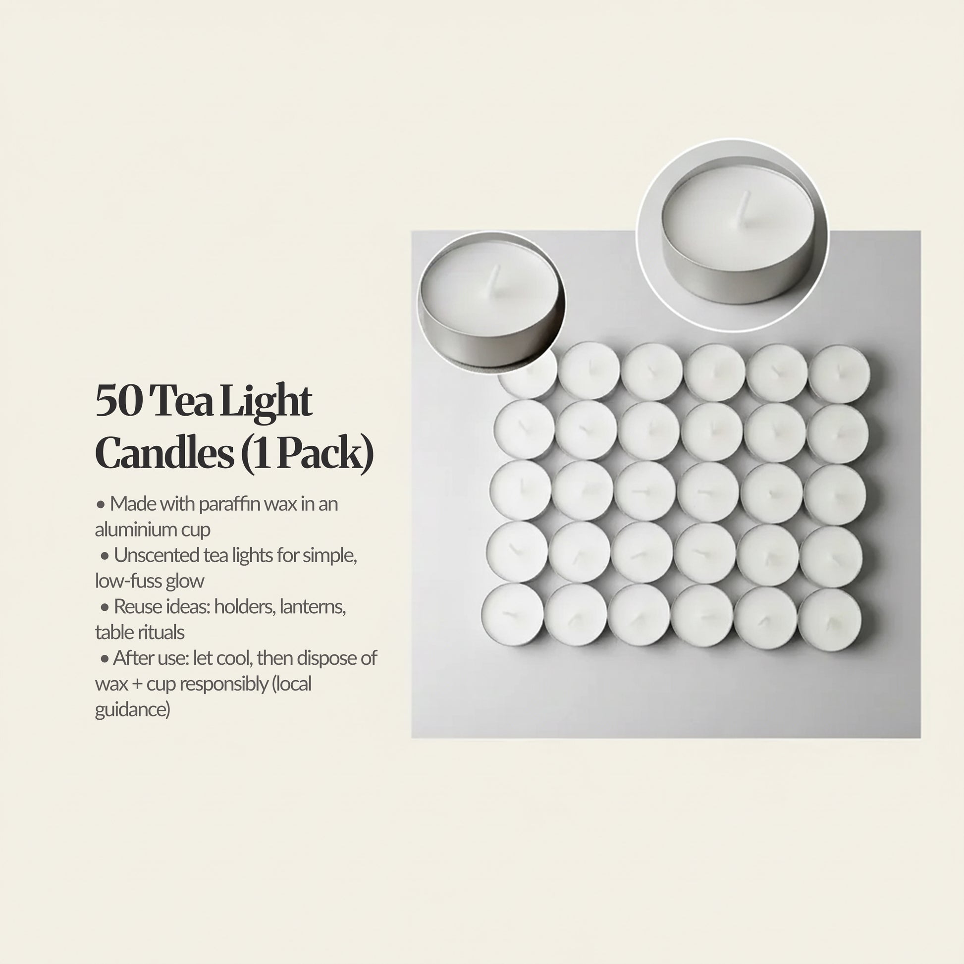 50-pack unscented tea lights arranged in a grid, with two close-up candle cups; text highlights paraffin wax in aluminium cups and reuse ideas.