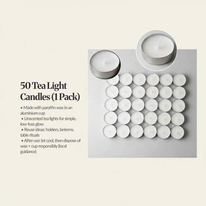 50-pack unscented tea lights arranged in a grid, with two close-up candle cups; text highlights paraffin wax in aluminium cups and reuse ideas.