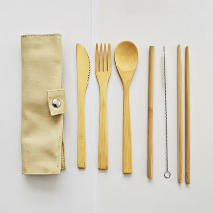 Amazon-style hero image of the bamboo cutlery set laid out: cloth pouch, bamboo knife, fork, spoon, straw, straw-cleaning brush and chopsticks on a plain white background.