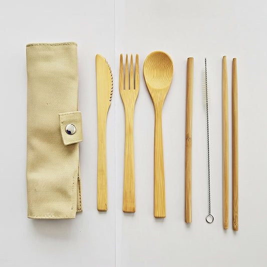 Amazon-style hero image of the bamboo cutlery set laid out: cloth pouch, bamboo knife, fork, spoon, straw, straw-cleaning brush and chopsticks on a plain white background.