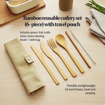6-piece bamboo cutlery set with travel pouch displayed on a tabletop, including spoon, fork, knife, straw, straw brush and cloth bag (portable set).
