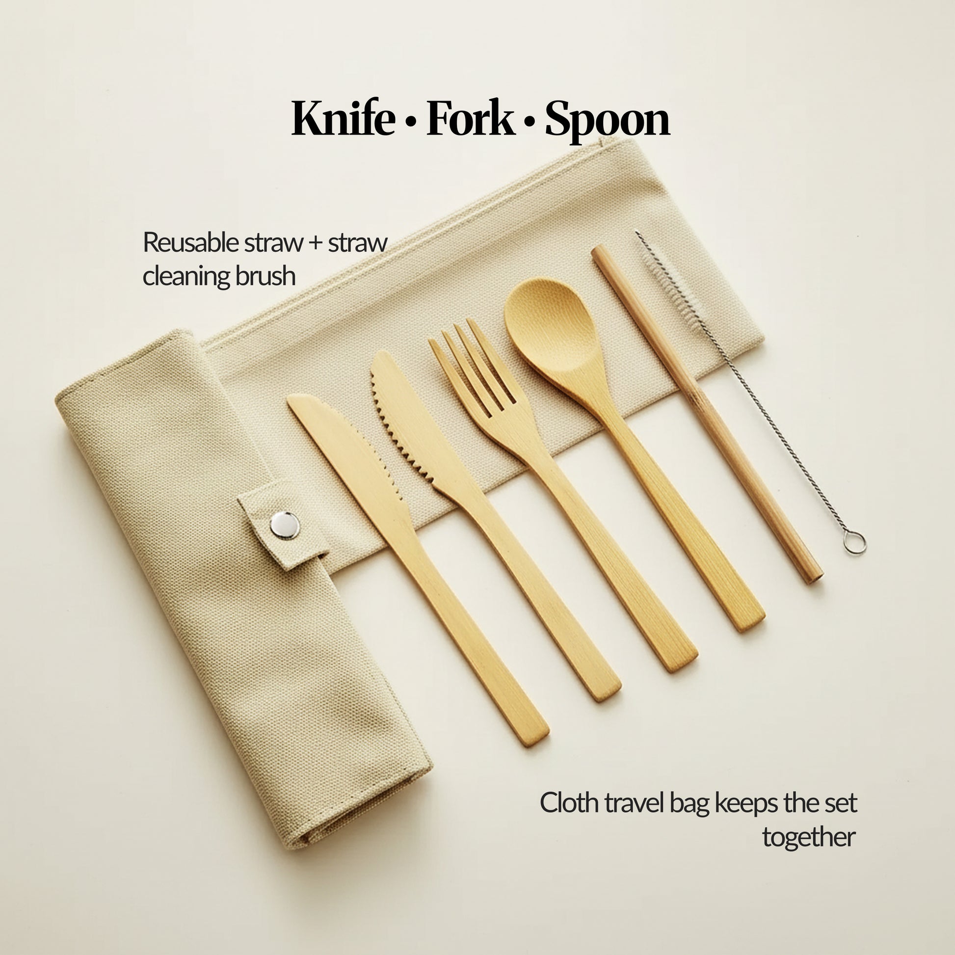 Labelled “what’s included” flat lay showing cloth travel pouch, bamboo knife, fork, spoon, reusable straw and straw-cleaning brush.