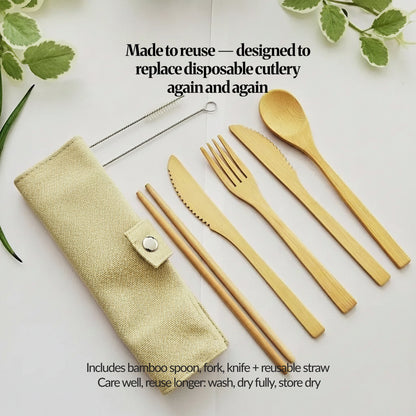 Bamboo cutlery set flat lay with cloth pouch, bamboo spoon, fork, knife, reusable straw and metal straw-cleaning brush on a white background (made-to-reuse message).