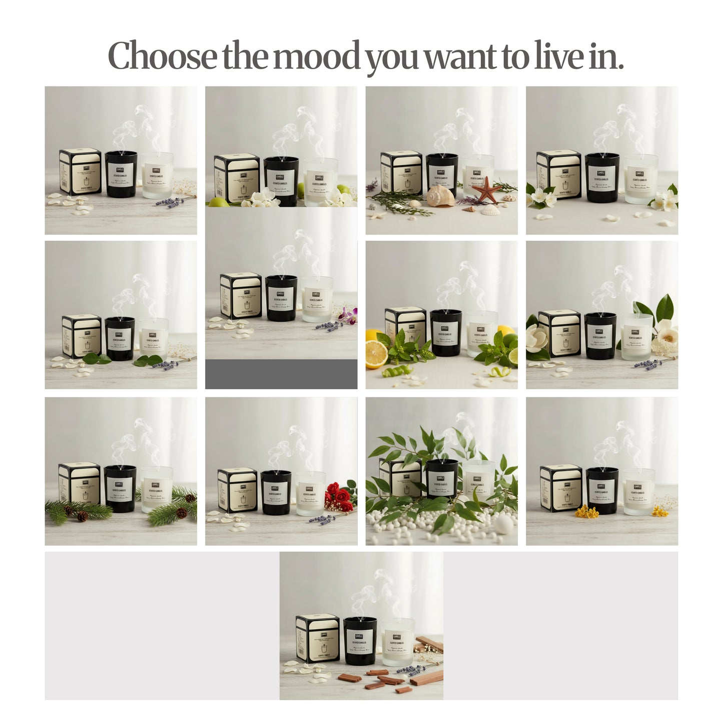 Scent guide / mood grid — Collage of multiple candle variants with different props (citrus, florals, pine, ocean, etc.); headline “Choose the mood you want to live in.”