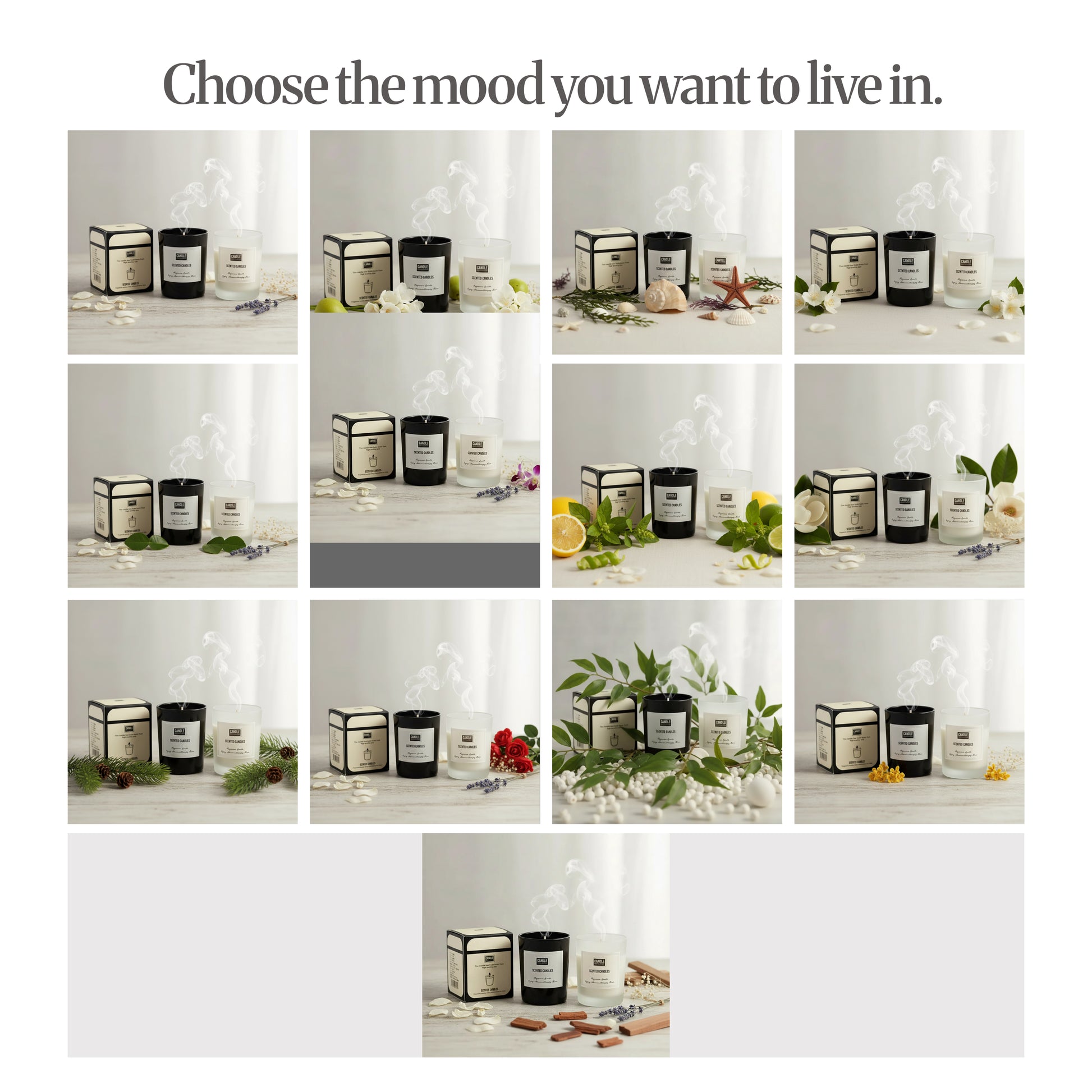 Scent guide / mood grid — Collage of multiple candle variants with different props (citrus, florals, pine, ocean, etc.); headline “Choose the mood you want to live in.”