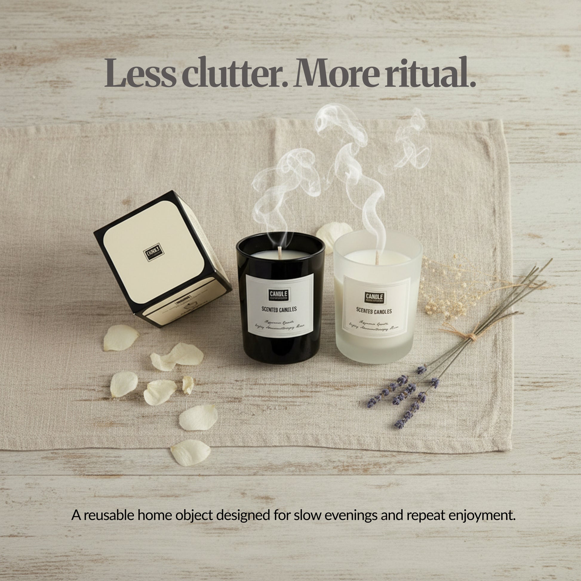 Less clutter. More ritual. — Two smoking candles and product box arranged on a linen cloth with petals and lavender; headline “Less clutter. More ritual.” and subtext overlay.