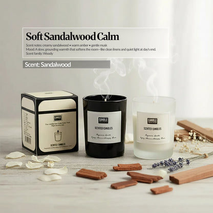 Soft Sandalwood Calm — Black and frosted glass scented candles with box packaging, styled with sandalwood pieces, lavender sprigs and petals; “Soft Sandalwood Calm” text overlay.