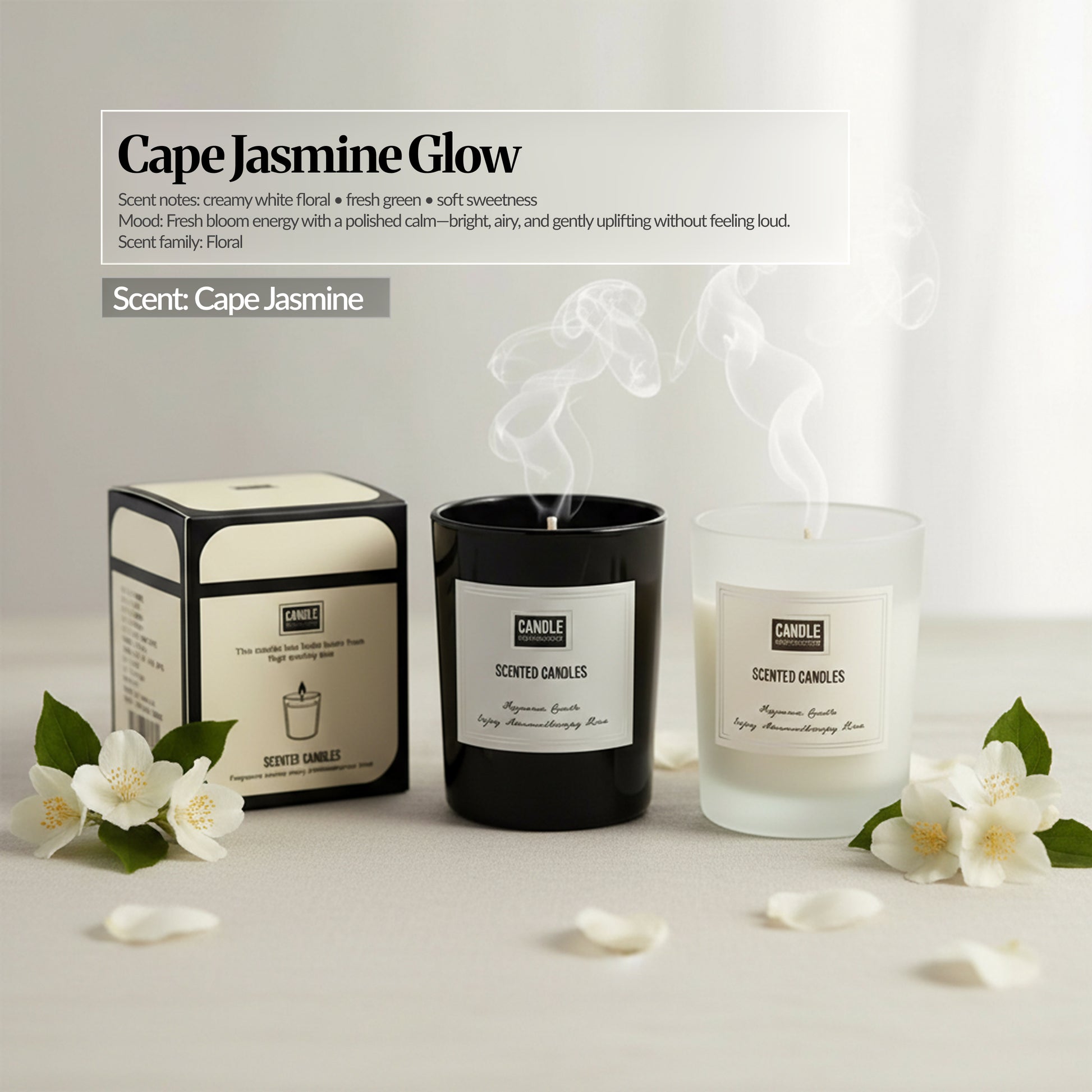 Cape Jasmine Glow scent candle set — Black and frosted glass candles with matching box, white jasmine flowers and petals; “Cape Jasmine Glow” scent notes overlay.